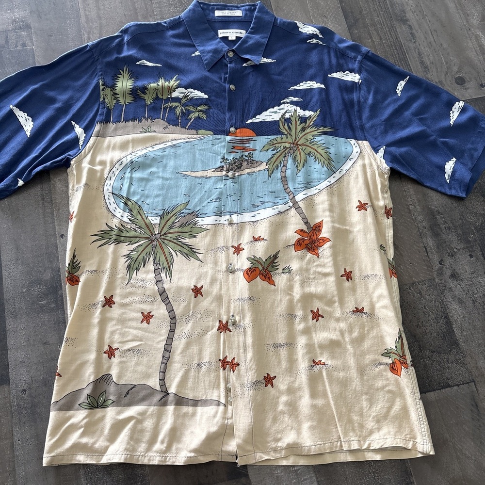 Vintage Pierre Cardin Hawaiian Shirt Mens L Rayon Palm Trees Ocean Camp Korea